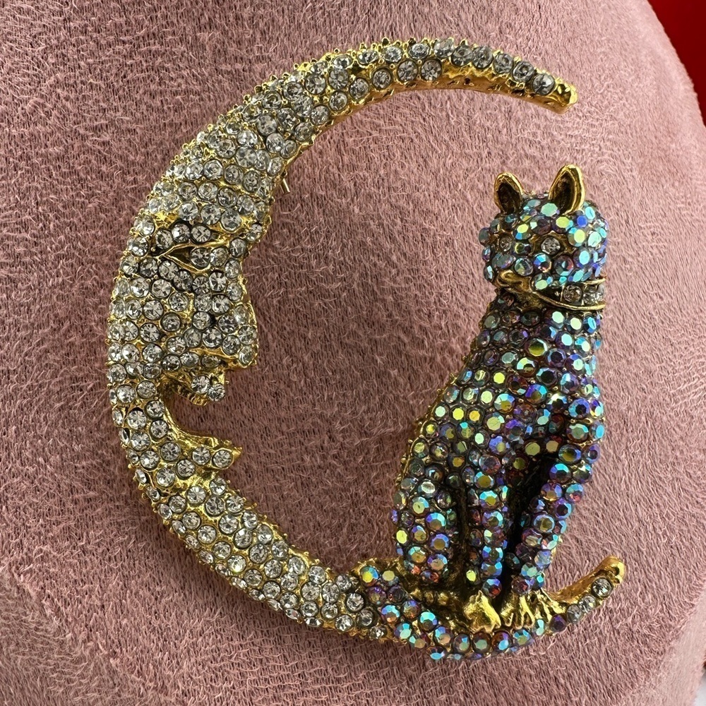 Celestial Moon Cat Crystal Gold Brooch